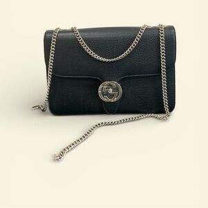 Authentic Gucci Interlocking Black Crossbody Bag with Silver Chain